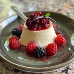 A creamy Vanilla Bean Panna Cotta topped with vibrant berry compote, viewed from the side.