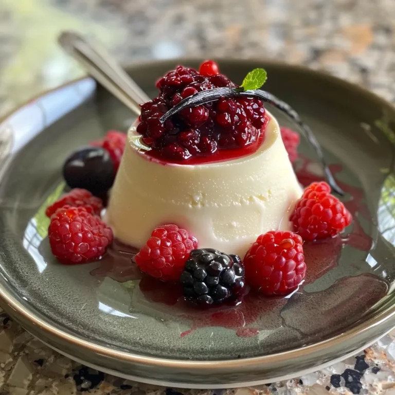 A creamy Vanilla Bean Panna Cotta topped with vibrant berry compote, viewed from the side.