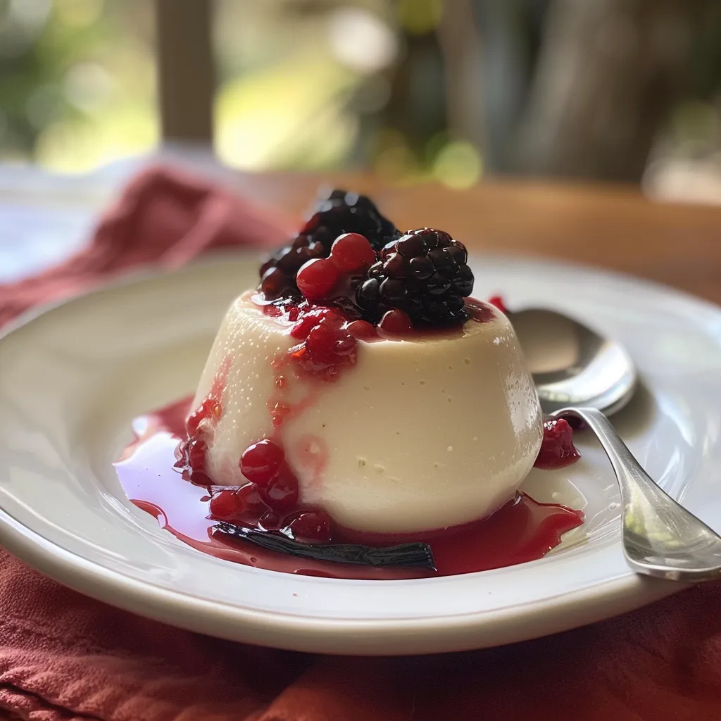 Side view close-up of a Vanilla Bean Panna Cotta, showcasing its smooth texture and colorful berry topping.