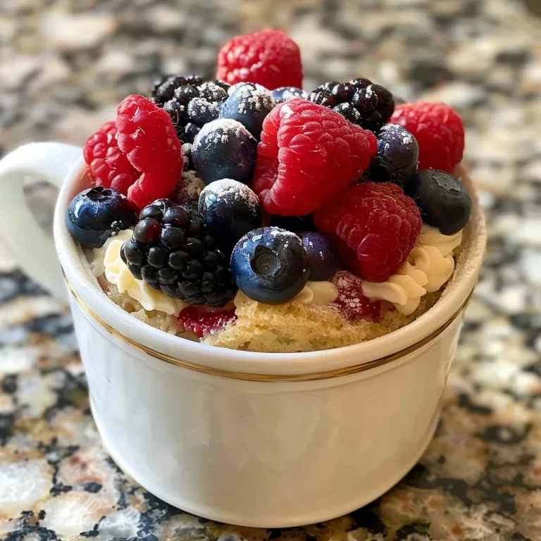 A Whimsical Delight: The Vanilla Berry Cake in a Mug That Makes Every Day Special Close-up of a Vanilla Berry Cake in a Mug, showcasing mixed berries and cake texture.