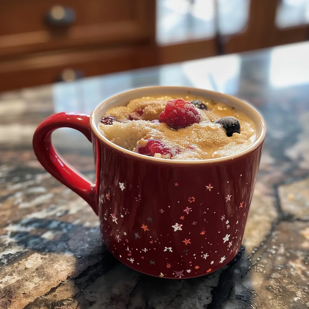 Side view of a freshly baked Vanilla Berry Cake in a Mug, with visible layers and berries.