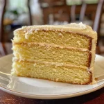 Close-up side view of a moist vanilla cake layered with frosting.