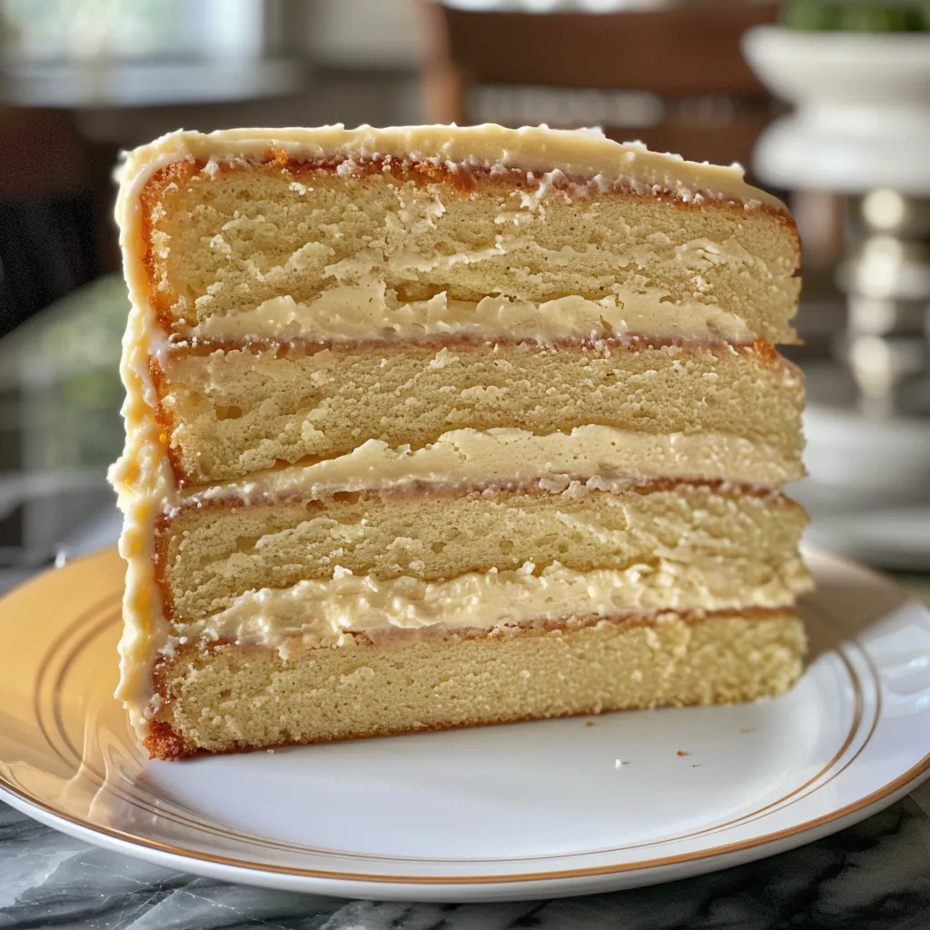 Juicy vanilla cake slice showing fluffy texture and creamy frosting.