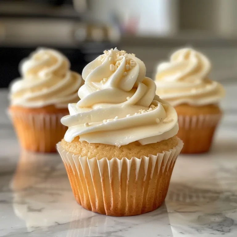 Close-up side view of a fluffy vanilla cupcake topped with creamy frosting.