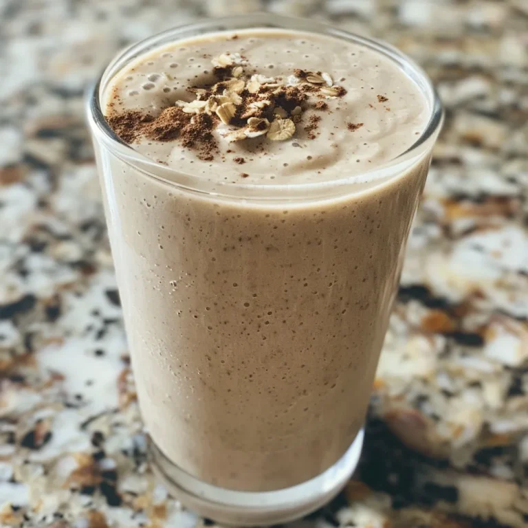 Whipping Up Joy The Vanilla Protein Smoothie That Fuels My Day Close-up side view of a creamy vanilla protein smoothie in a glass, garnished with oats and a sprinkle of cinnamon.
