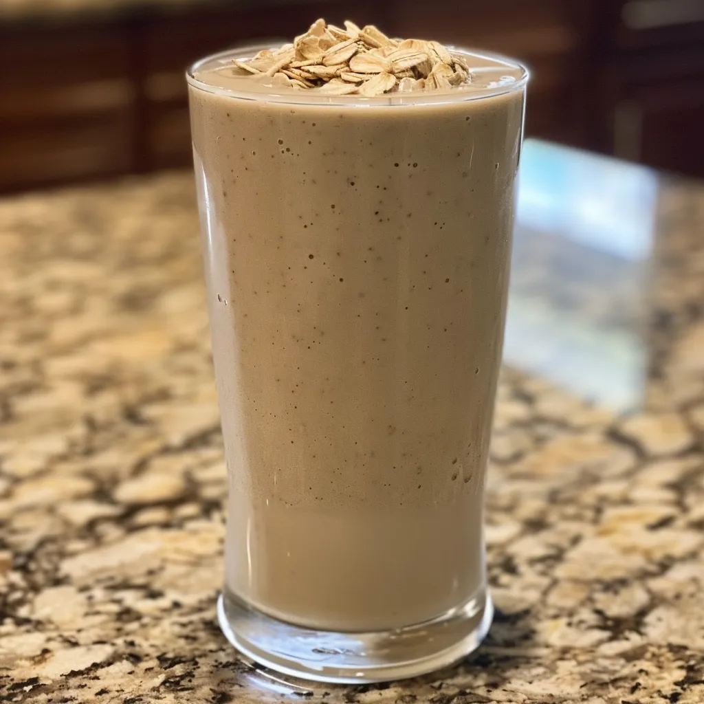 Delicious vanilla protein smoothie in a tall glass, showing a smooth, thick texture and a hint of banana on top.