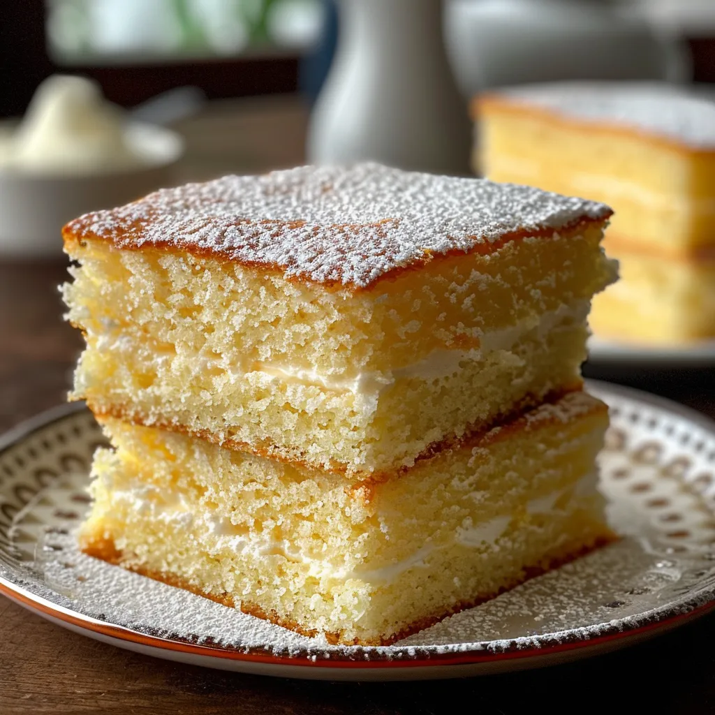 Side profile of a delicious vanilla sponge cake with a smooth surface and soft, airy layers.