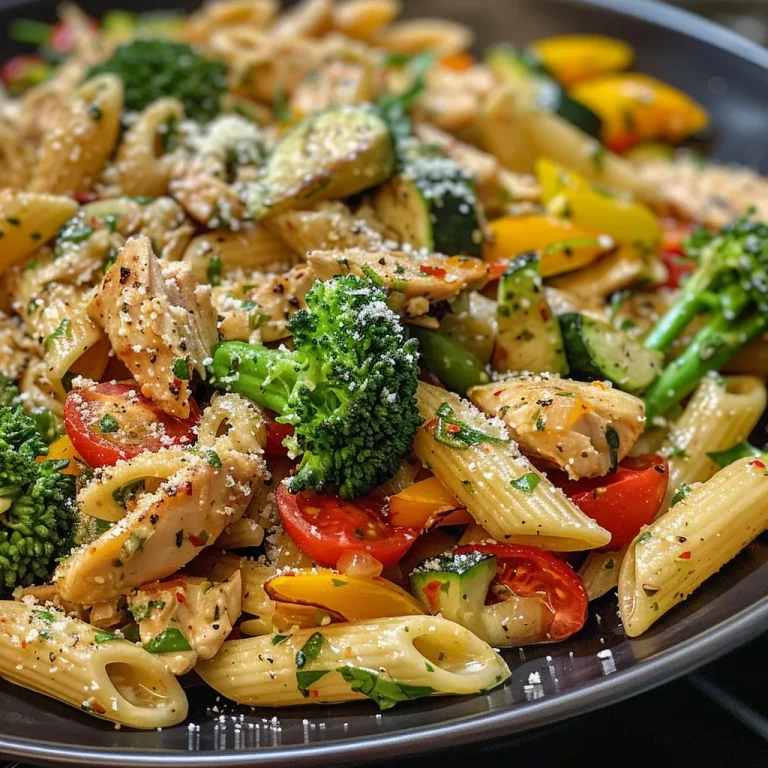 Close-up of a colorful chicken pasta primavera dish with vibrant vegetables.