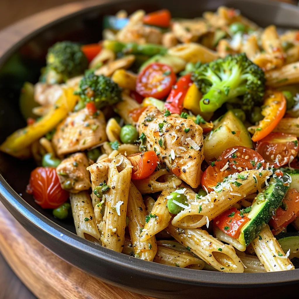 Side view of a hearty vegetable-packed chicken pasta bowl with garnishes.