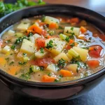 Close-up view of a bowl of colorful vegetable soup with visible chunks of vegetables.