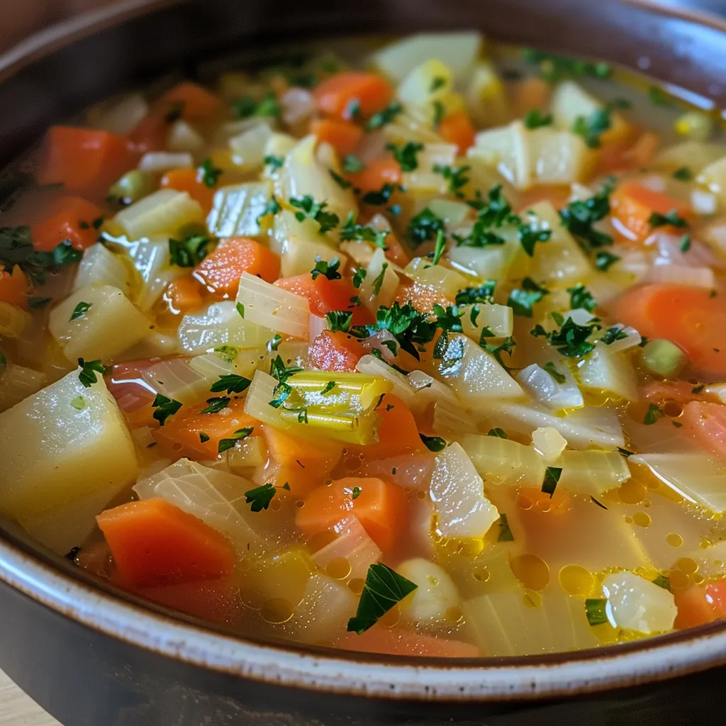 Side view of steaming vegetable soup showcasing diced carrots, potatoes, and greens.