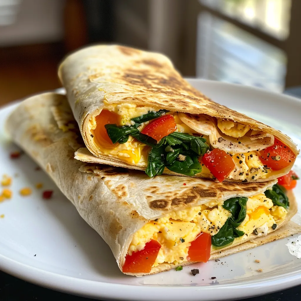 Side view of a delicious egg wrap showcasing bell peppers and spinach.