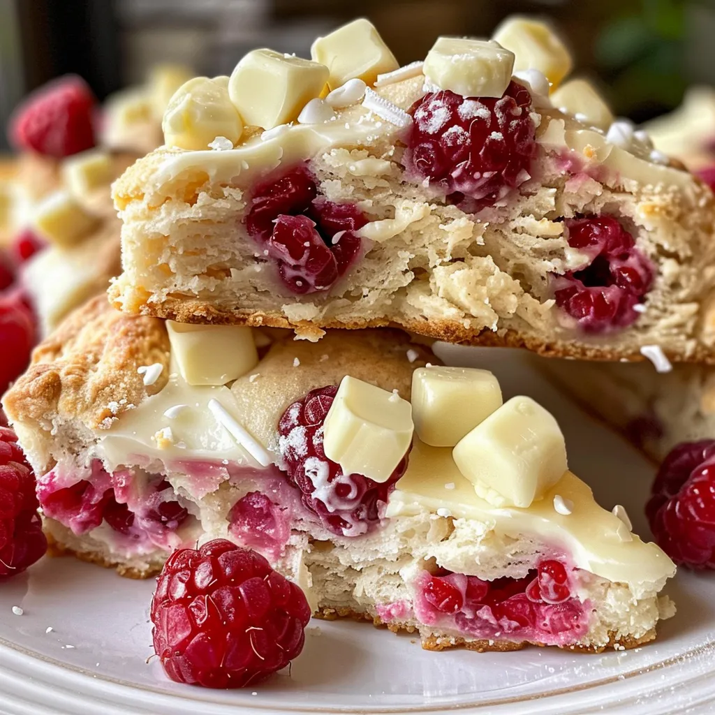Side view of freshly baked white chocolate raspberry scones on a rustic surface.