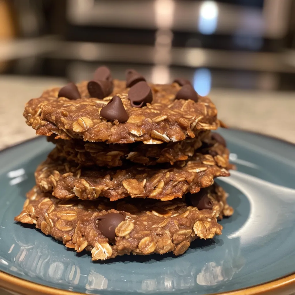 A plate of freshly baked 3-ingredient banana oat cookies with a few chocolate chips visible.