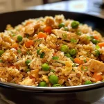 Close-up view of colorful chicken fried rice with peas, carrots, and diced chicken.