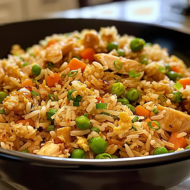 Quick and Flavorful A Chicken Fried Rice Journey Through Family Traditions Close-up view of colorful chicken fried rice with peas, carrots, and diced chicken.