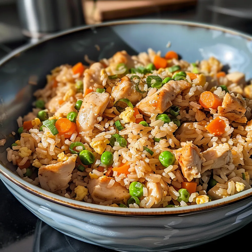 A vibrant bowl of chicken fried rice featuring diced chicken, vegetables, and eggs.