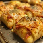 Close-up view of golden brown air fryer pizza rolls on a plate.