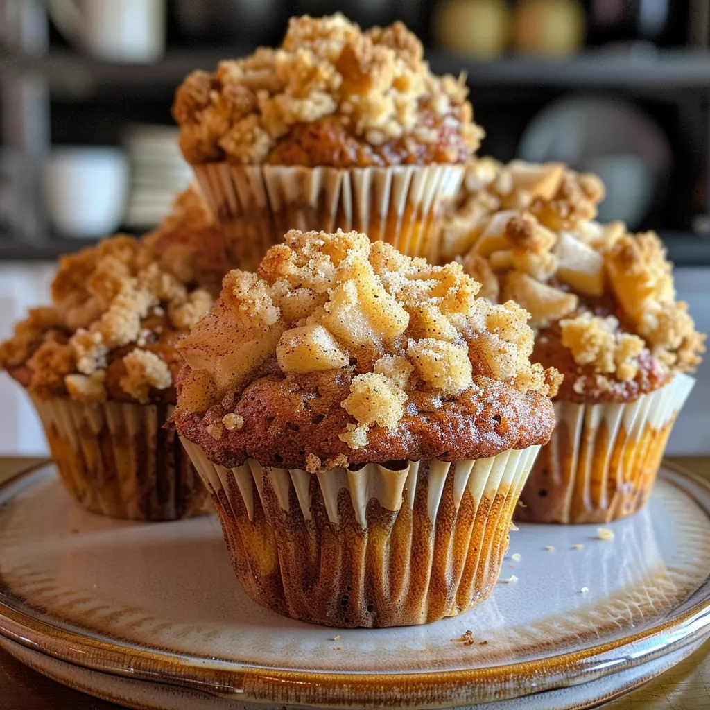 Side view of delicious apple cinnamon muffins displaying a crumbly streusel topping.