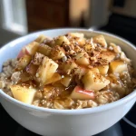 Close-up side view of a bowl of Apple Cinnamon Oatmeal topped with diced apples and a sprinkle of cinnamon.