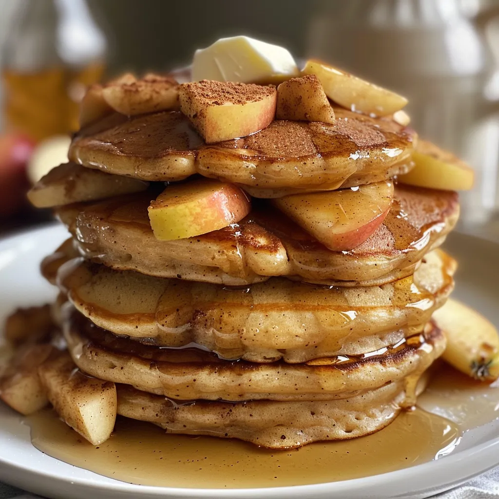 Side view of delicious apple cinnamon pancakes garnished with apple slices and cinnamon.