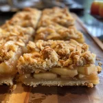Close-up side view of golden-brown Apple Crumble Bars displaying a crumbly texture.