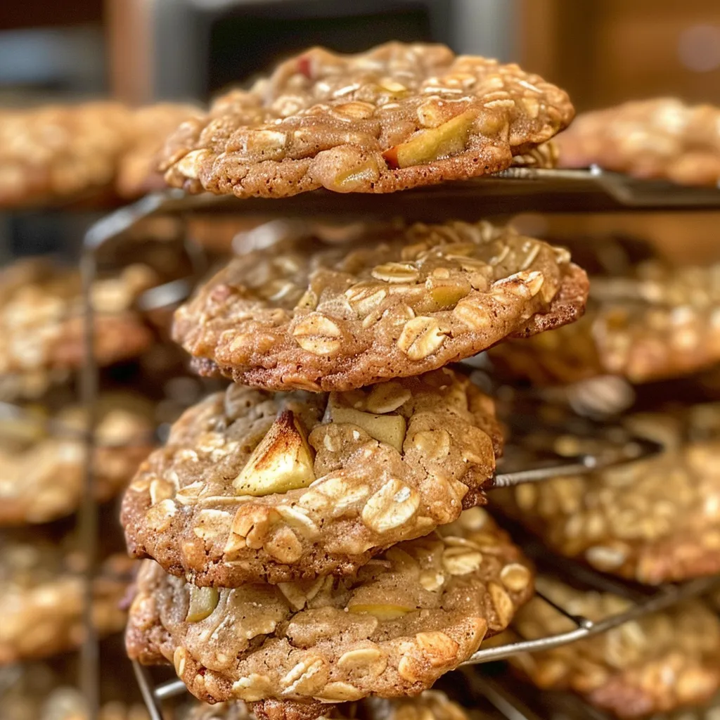 Side view of freshly baked apple oatmeal cookies, showcasing their golden-brown color.