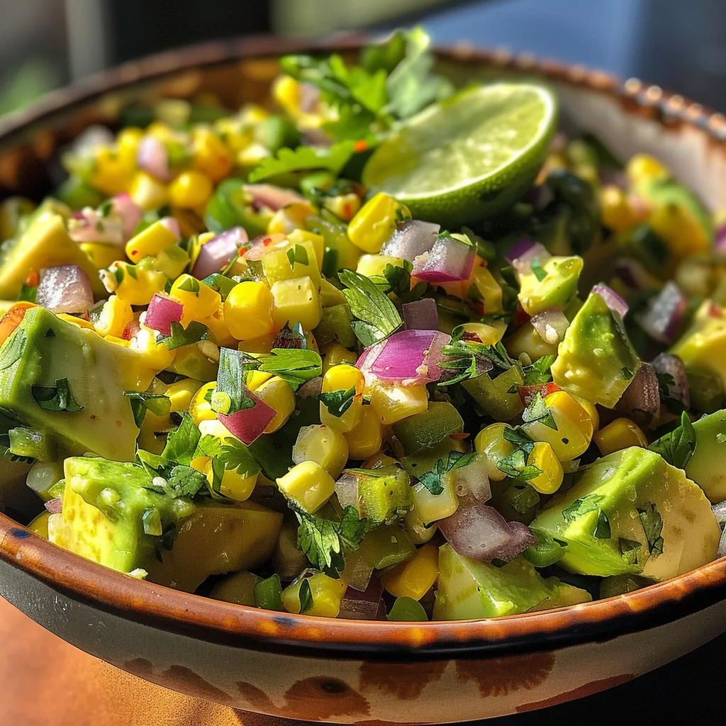 Side view of a colorful avocado corn salsa featuring chunks of avocado, corn, and herbs.