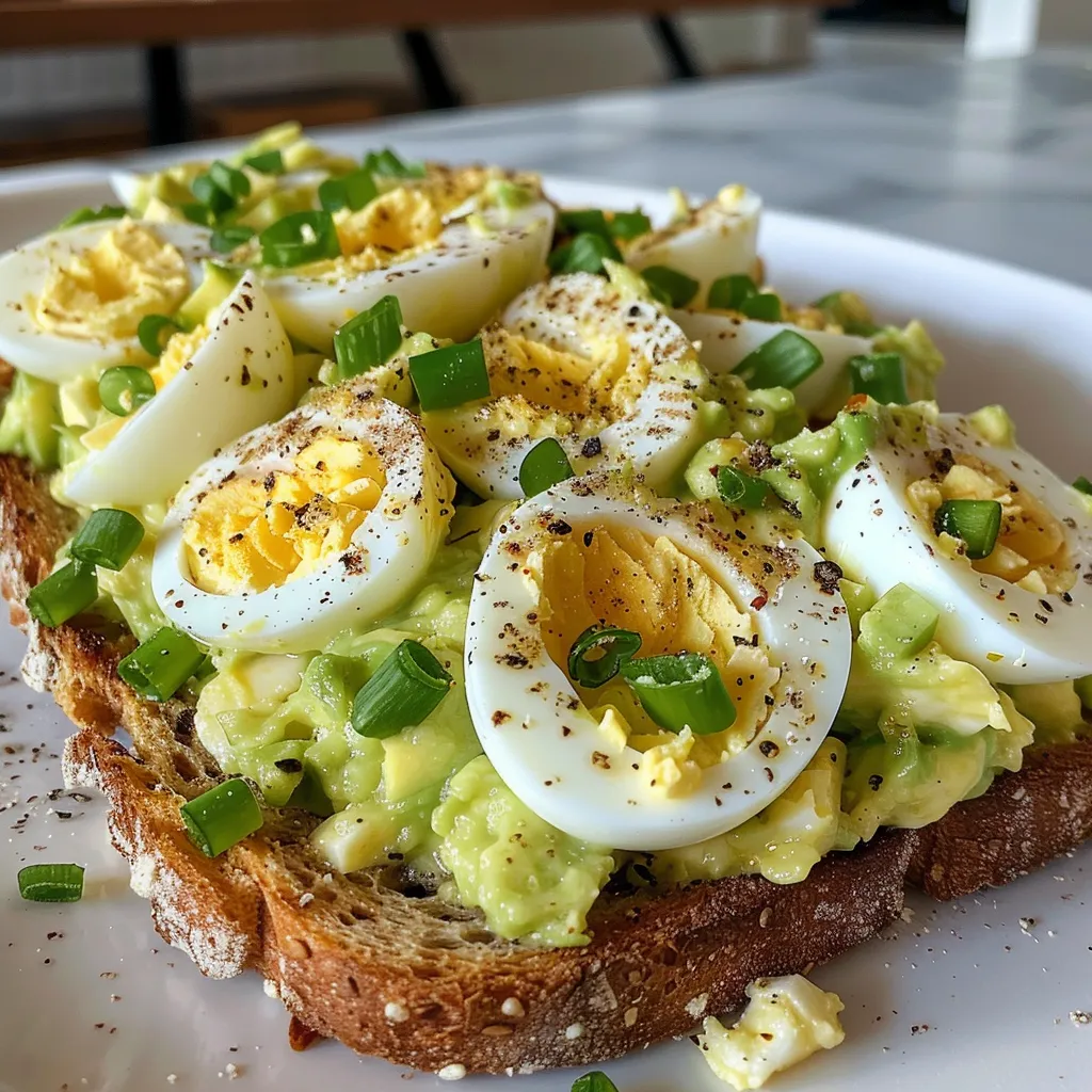 Side view of avocado egg salad atop lightly toasted sourdough.