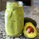 Close-up view of a creamy avocado smoothie in a glass with a straw.