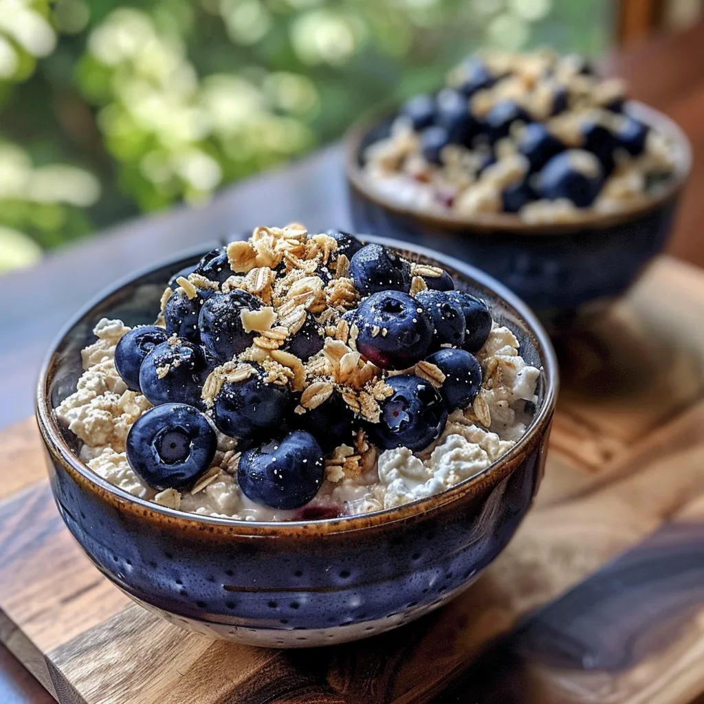 A delicious breakfast bowl filled with baked blueberry mixture and creamy cottage cheese.
