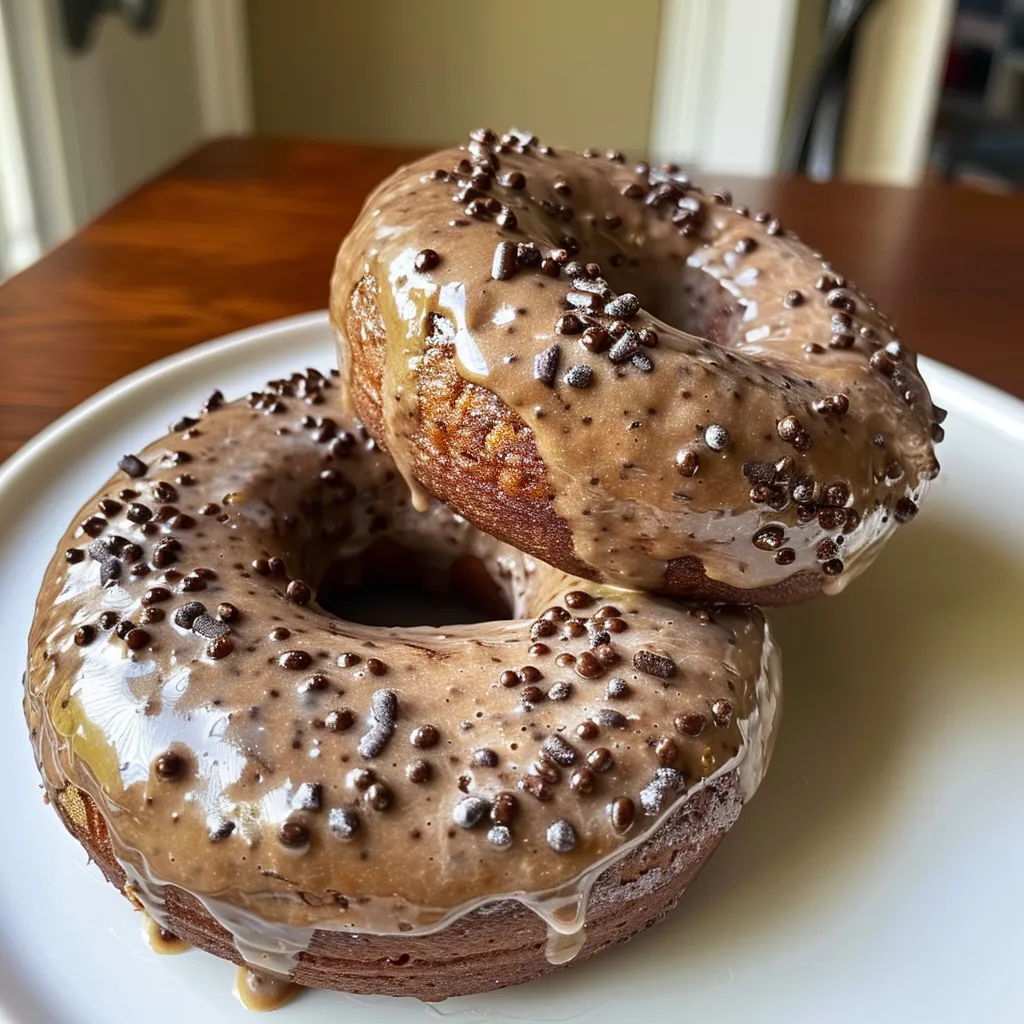 Side view of a stack of baked protein donuts showcasing their soft texture.