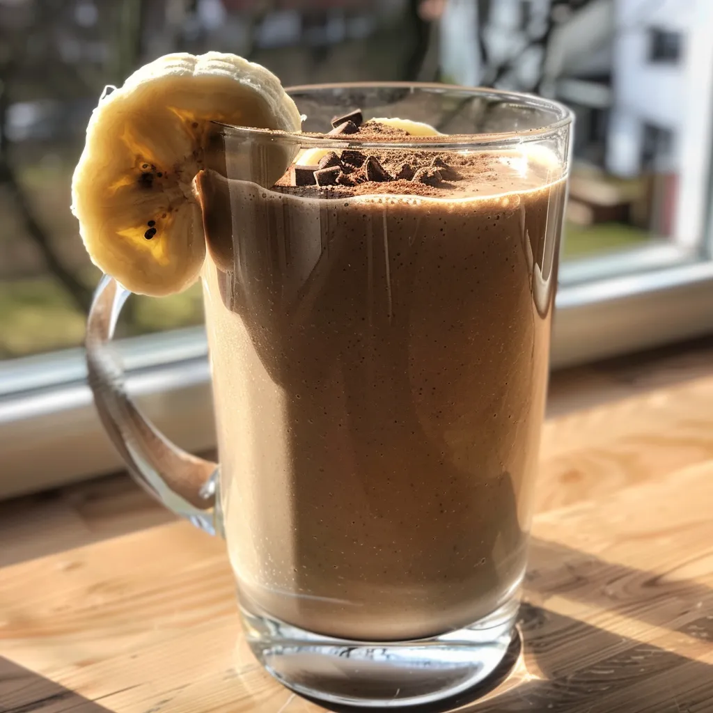 A delicious banana chocolate shake with a frothy texture, served in a clear glass.