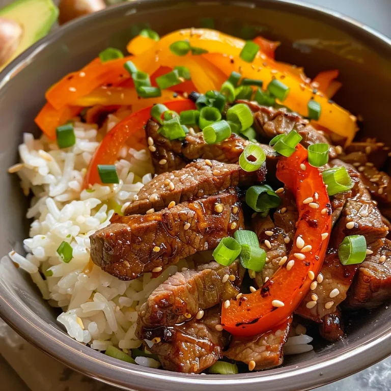 Savoring Family Moments The Beef and Pepper Rice Bowl That Brings Us Together A close-up side view of a Beef and Pepper Rice Bowl featuring vibrant bell peppers and juicy beef strips on a bed of rice.