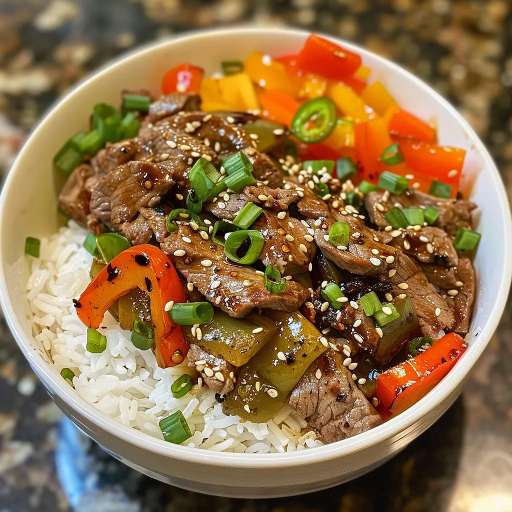 A mouthwatering Beef and Pepper Rice Bowl captured from the side, showcasing tender beef, colorful peppers, and aromatic herbs.