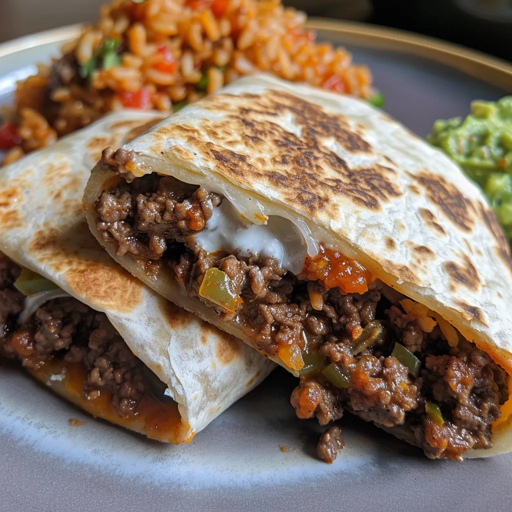 Side view of a delicious beef burrito showcasing its hearty ingredients.