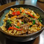 Close-up of a beef stir-fry with noodles and colorful vegetables.