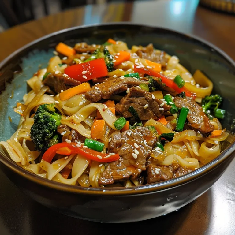 Stir-Frying Joy How a Bowl of Beef Noodles Can Brighten Your Day Close-up of a beef stir-fry with noodles and colorful vegetables.