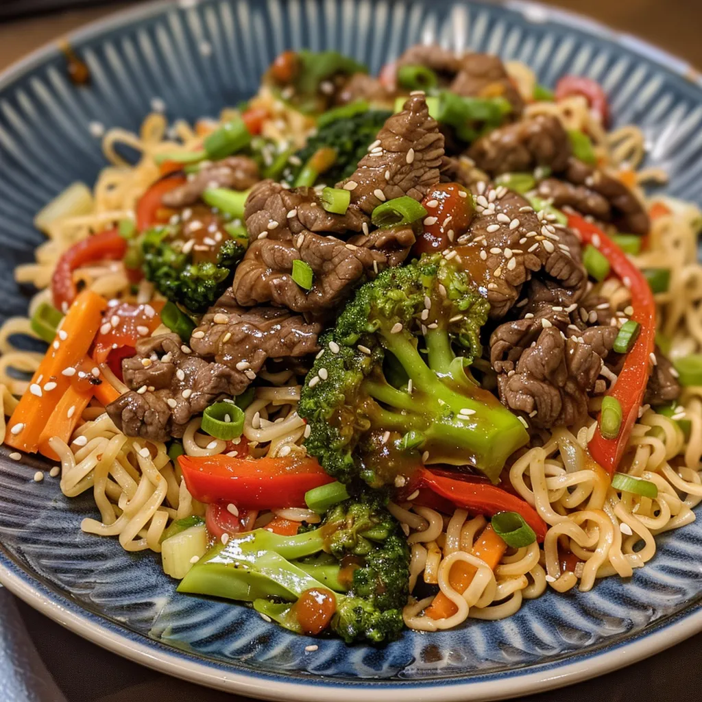 Delicious beef stir-fry featuring noodles and vibrant bell peppers.