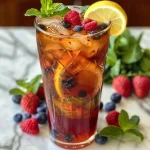 Close-up of a refreshing Berry Iced Tea with ginger slices and fresh mint.