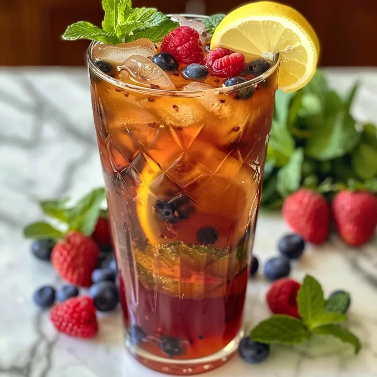 Close-up of a refreshing Berry Iced Tea with ginger slices and fresh mint.