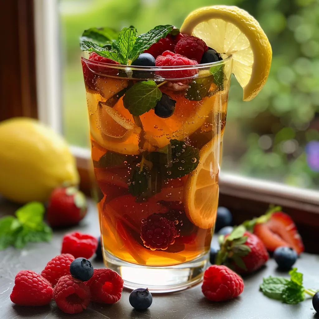 Side view of Berry Iced Tea featuring raspberries, blueberries, and strawberries.