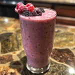 A close-up side view of a berry smoothie in a glass, showcasing vibrant colors and a creamy texture.