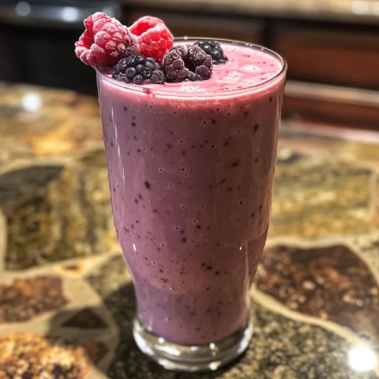 A Berry Bliss Whipping Up Joy in a Glass A close-up side view of a berry smoothie in a glass, showcasing vibrant colors and a creamy texture.