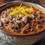 A close-up side view of a bowl of chili topped with shredded cheese, sour cream, and chopped onions.