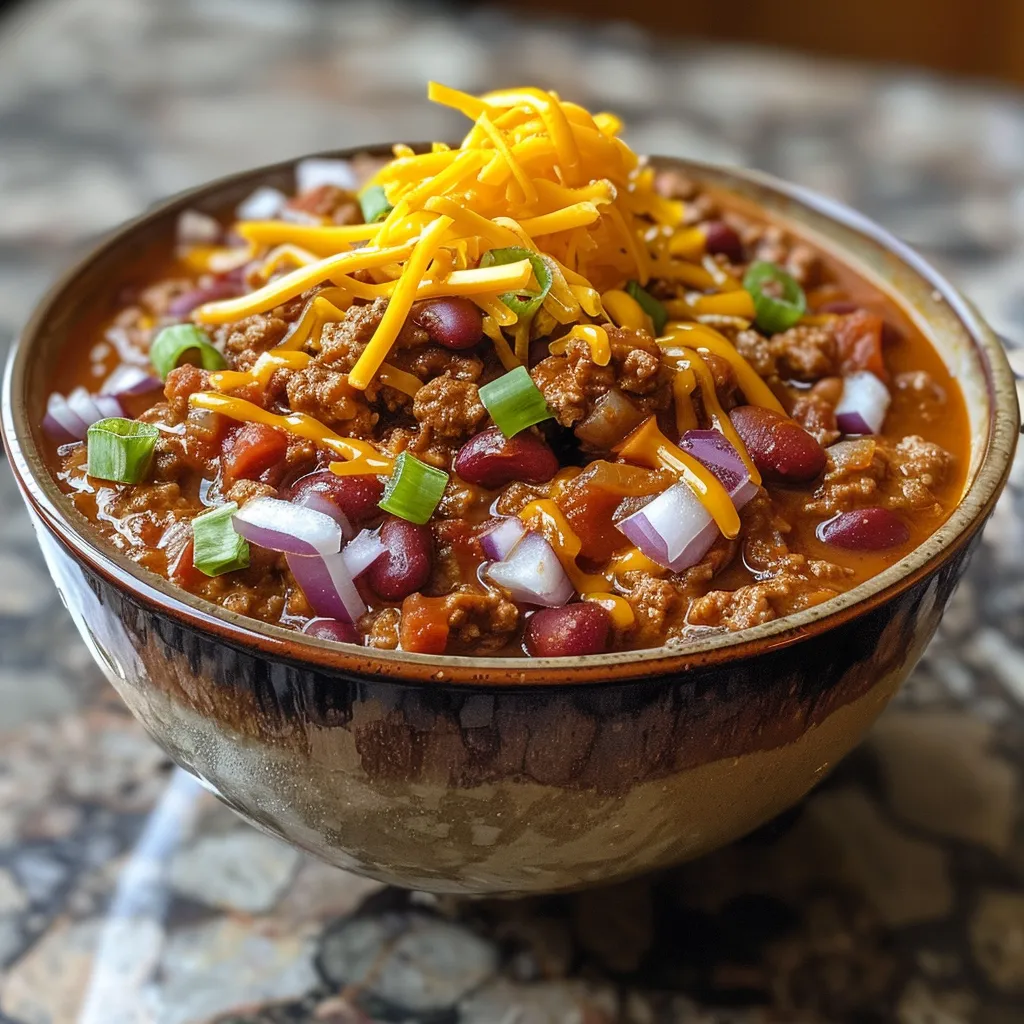 A detailed view of a hearty chili dish featuring beans, garnished with avocado and cilantro.