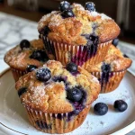 A close-up side view of a big blueberry muffin, showcasing its golden brown top and plump blueberries.