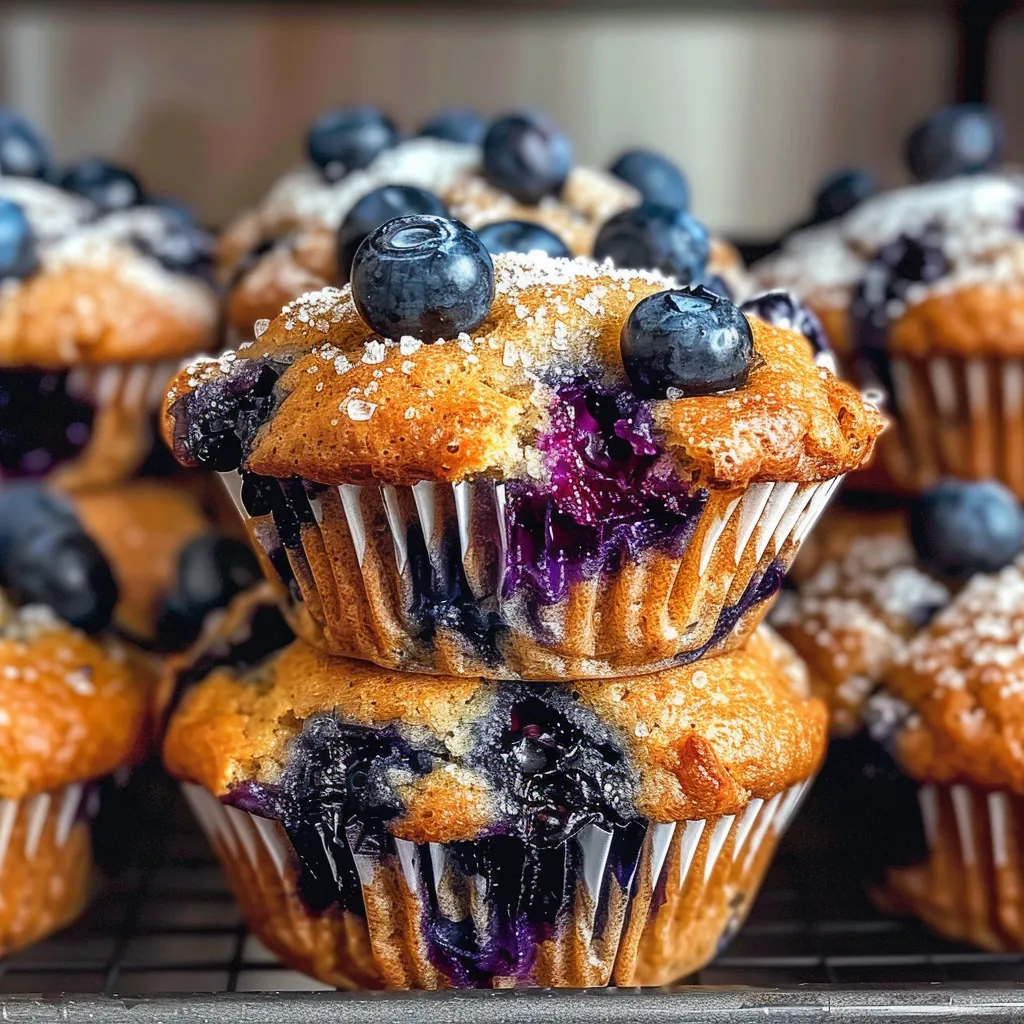Juicy blueberry muffins displayed with a soft, fluffy texture and a sprinkle of sugar on top.