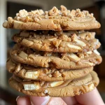 Close-up of golden Biscoff Cookie Butter White Chocolate Chip Cookies stacked on a plate.