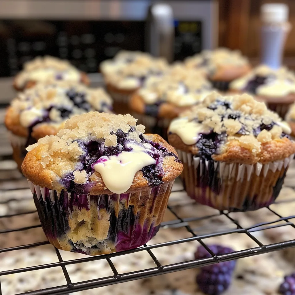 Side view of a moist Blueberry Cream Cheese Muffin with a golden-brown top and fresh blueberries.